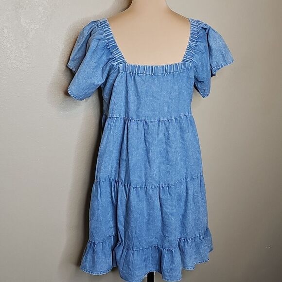 NWT ODDY Small Blue Denim Square Neckline Tiered Ruffle Sleeve Dress - Picture 4 of 8